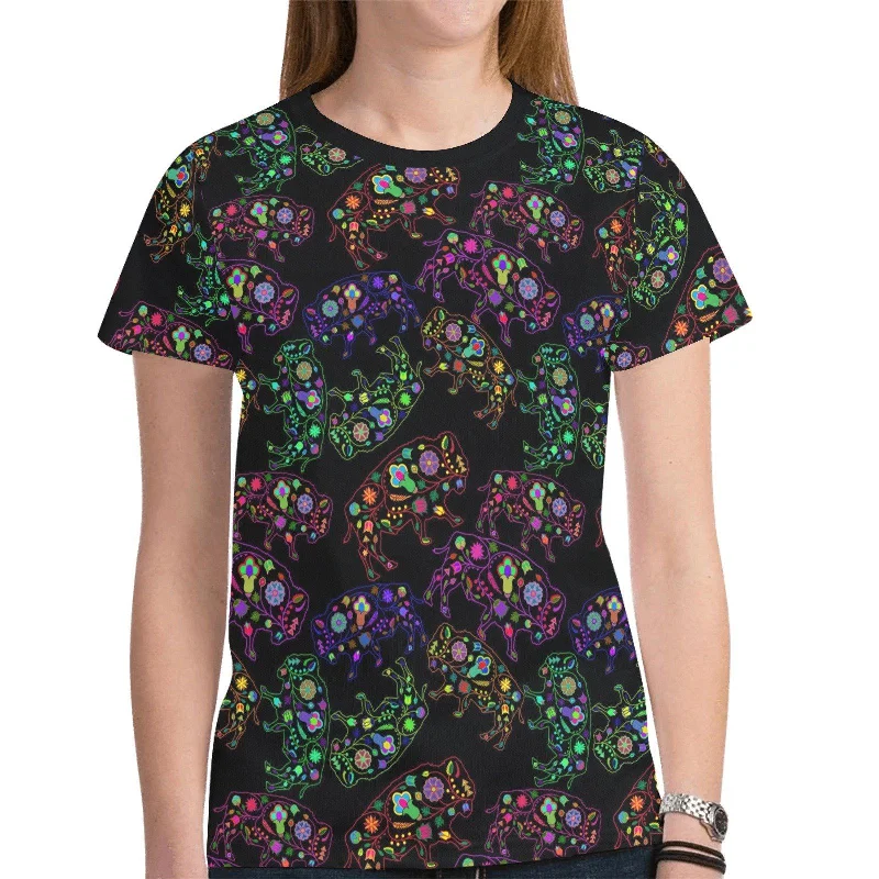 Neon Floral Buffalos T-shirt for Women Spandex Blend Rayon Blend Denim Blend