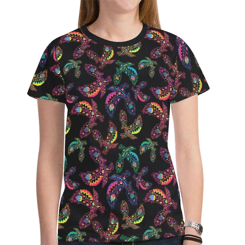 Neon Floral Eagles T-shirt for Women Striped Floral Plaid
