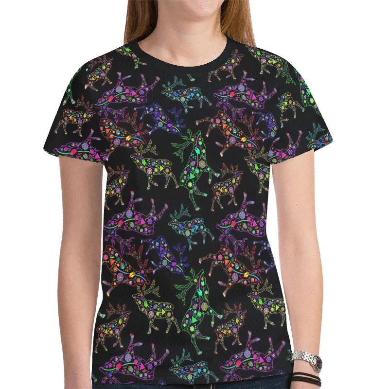 Neon Floral Elks T-shirt for Women Print Jacquard Patchwork