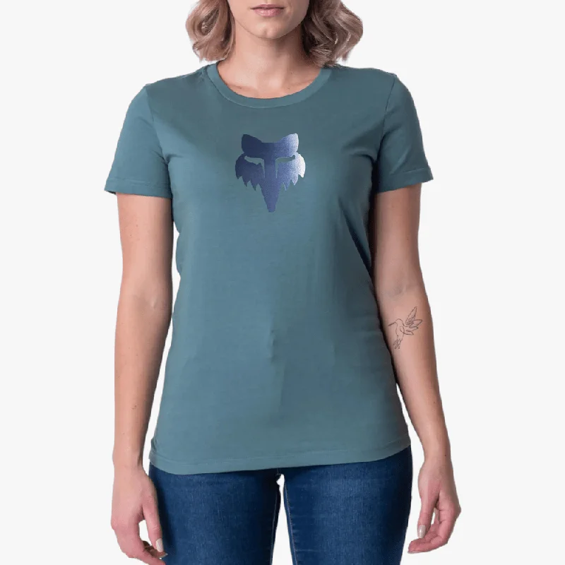 Fox Womens New Age Short Sleeve Tee Gunmetal Solid Print Embellished
