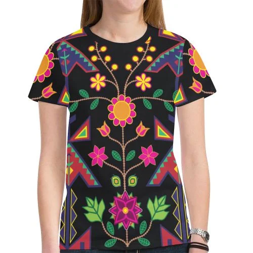 Geometric Floral Spring T-shirt for Women Collared Crew Neck Turtle Neck