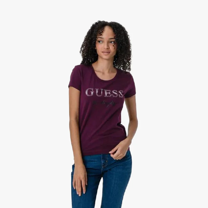 Guess Womens Micro Stud Logo Short Sleeve Tee Cherry Terry Blend Velvet Blend Canvas Blend Guess Womens Micro Stud Logo Short Sleeve Tee Cherry Terry Blend Velvet Blend Canvas Blend