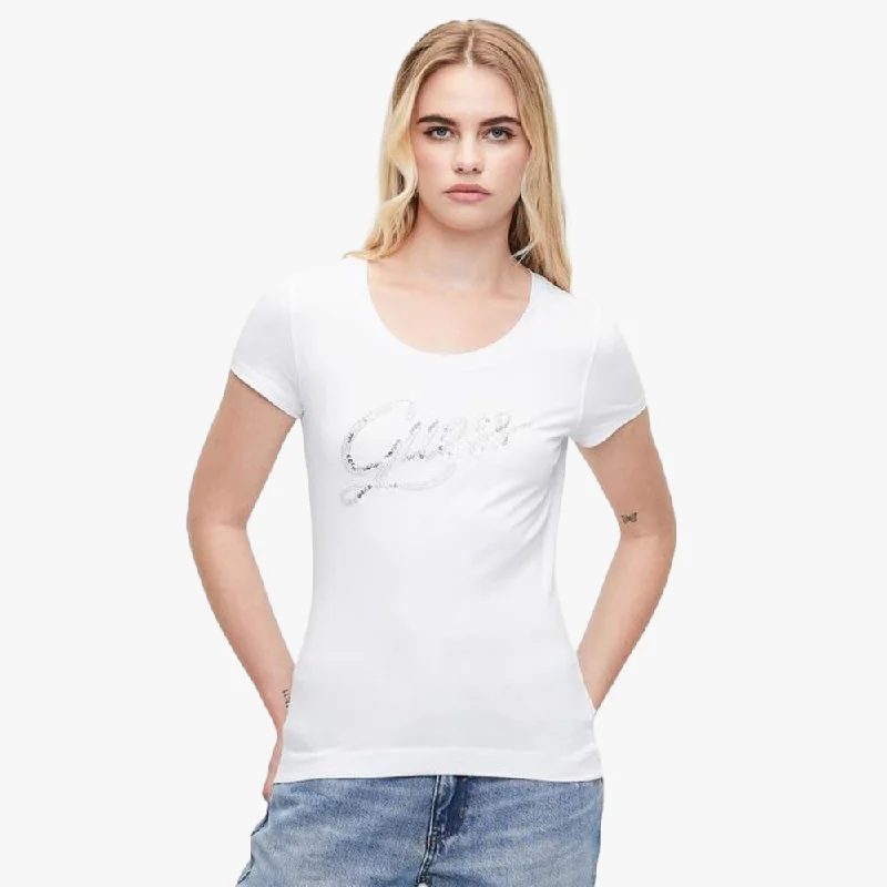 Guess Womens Script Short Sleeve Tee White Cotton Fabric Linen Fabric Terry Fabric