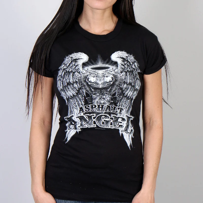 Hot Leathers GLD1366 'Slit Back Asphalt Angel' Ladies Black T-Shirt Iron Safe Non-Iron Wrinkle Free