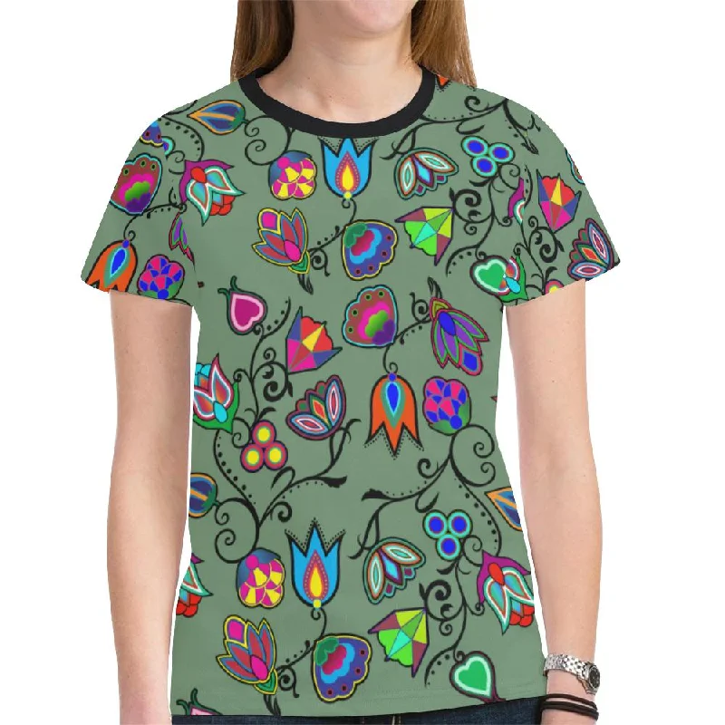 Indigenous Paisley Dark Sea T-shirt for Women Embroidered Appliqued Beaded
