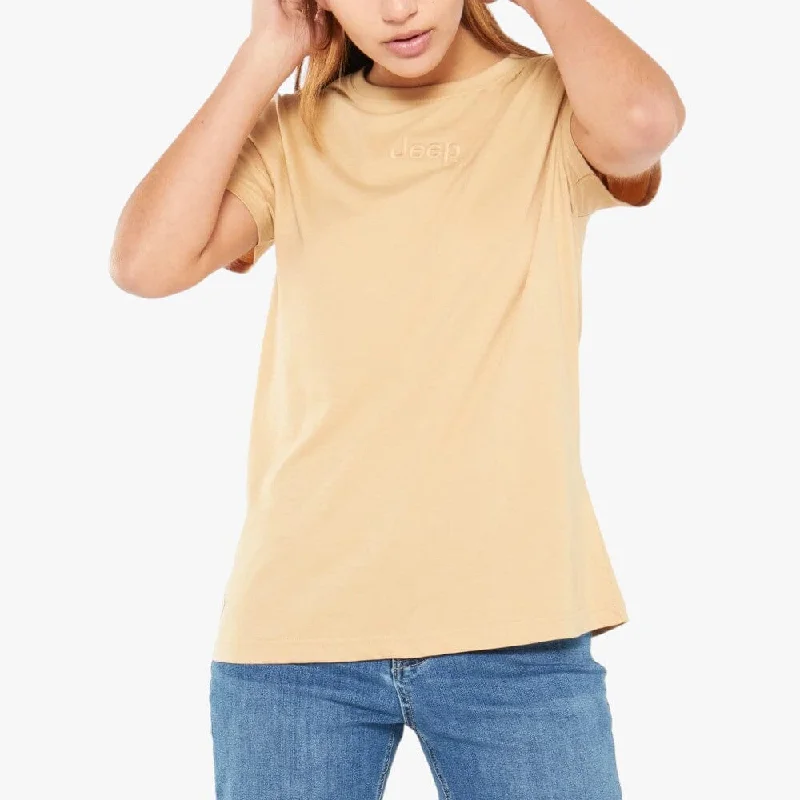 Jeep Womens Small Logo Embroid Short Sleeve Tee Oatmilk Print Jacquard Patchwork