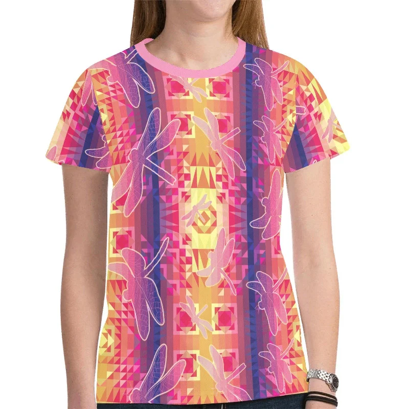 Kaleidoscope Dragonfly T-shirt for Women Mesh Canvas Denim