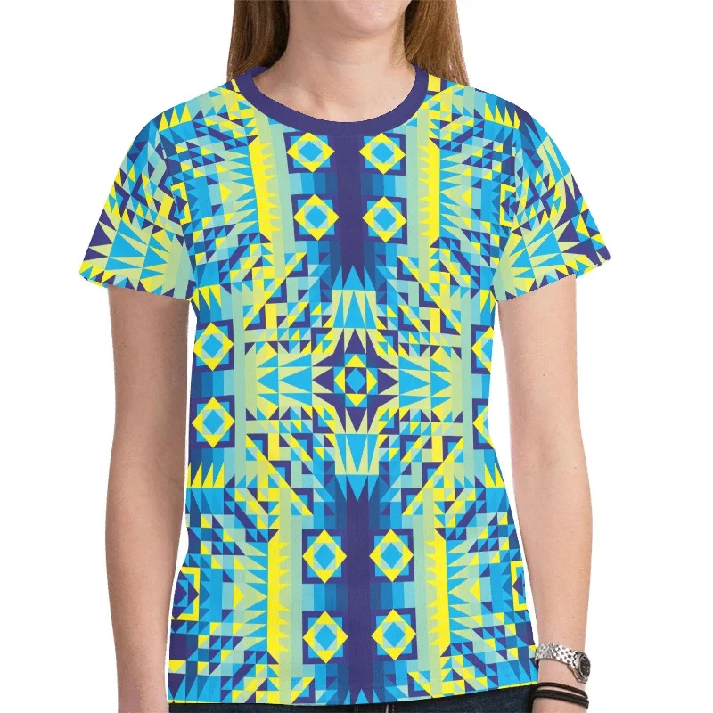 Kaleidoscope Jaune Bleu T-shirt for Women Handmade Hand-knitted Hand-woven