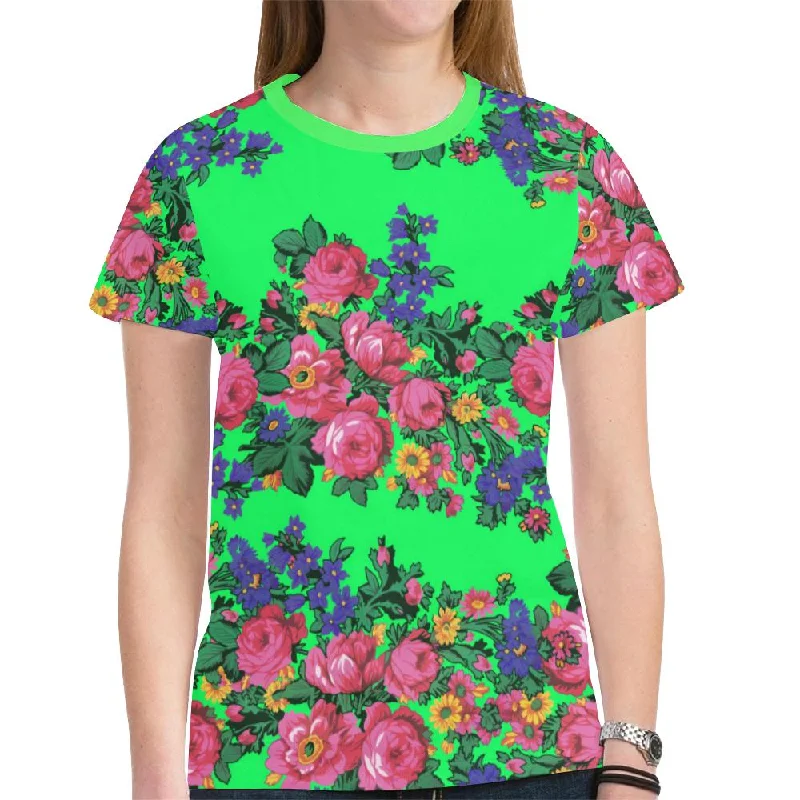 Kokum's Revenge Green T-shirt for Women Striped Floral Plaid