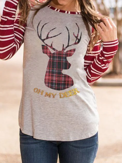 Plus Size Women Clothing Merry Christmas Letter Print T-Shirts Ladies Fashion Long Sleeve Casual Camisetas Mujer Top Tees Mesh Canvas Denim