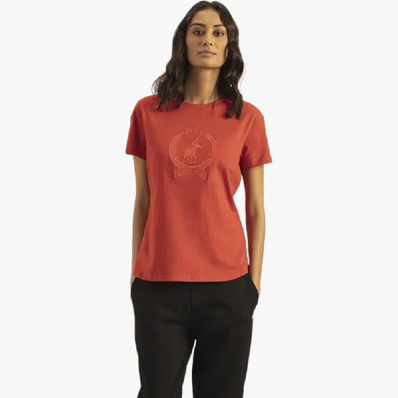 Polo Womens Crest Short Sleeve Tee Red Collared T-Shirt Boat Neck A-Line