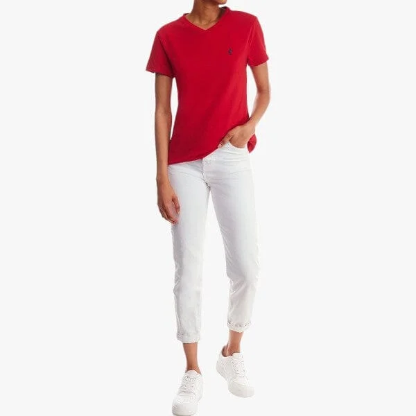 Polo Womens Kelly V Neck Stretch Short Sleeve Tee Red Zippered Buttoned Snapped