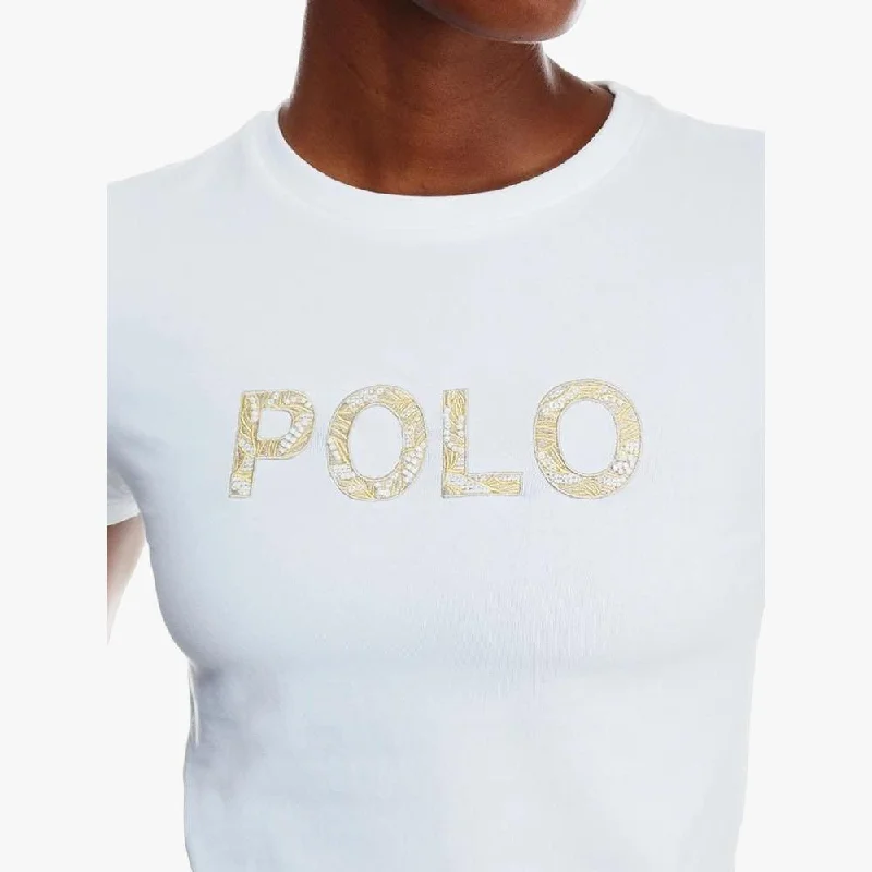Polo Womens Zoe Beaded Embroid Short Sleeve Tee White Fitted T-Shirt Seamless Stretchy Polo Womens Zoe Beaded Embroid Short Sleeve Tee White Fitted T-Shirt Seamless Stretchy