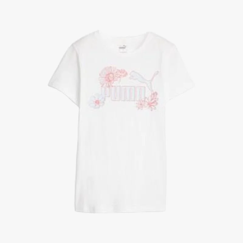 Puma Womens Ess+ Graphic Short Sleeve Tee White Asymmetrical Pockets Print