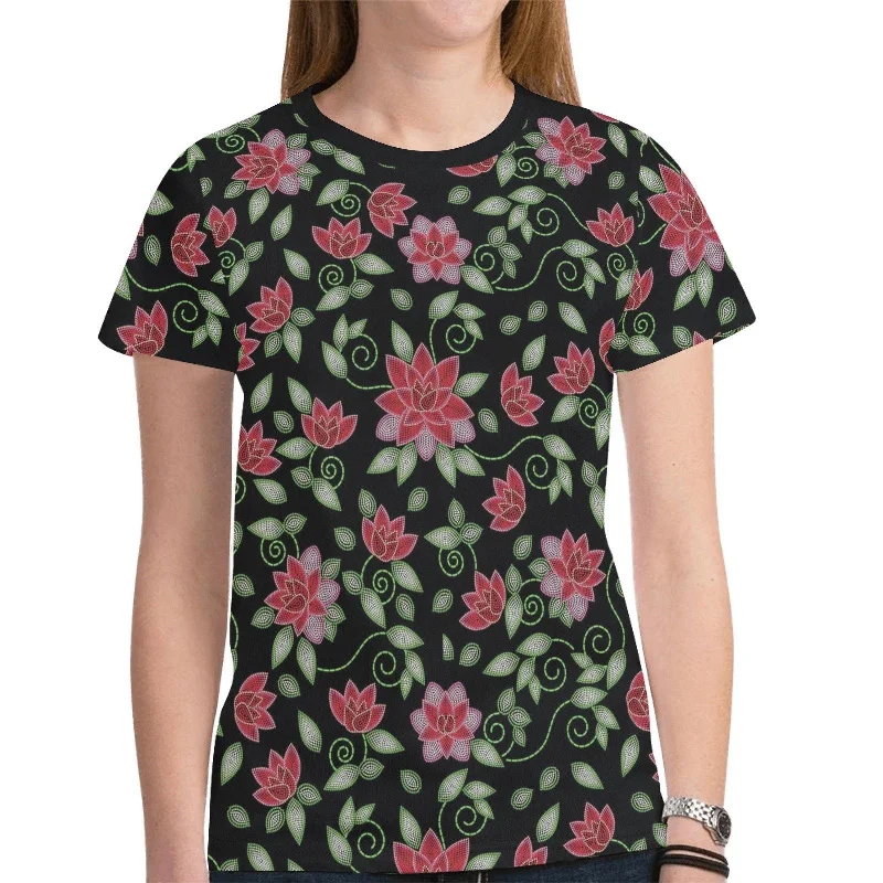 Red Beaded Rose T-shirt for Women Zippered Front Buttoned Front Snap Front