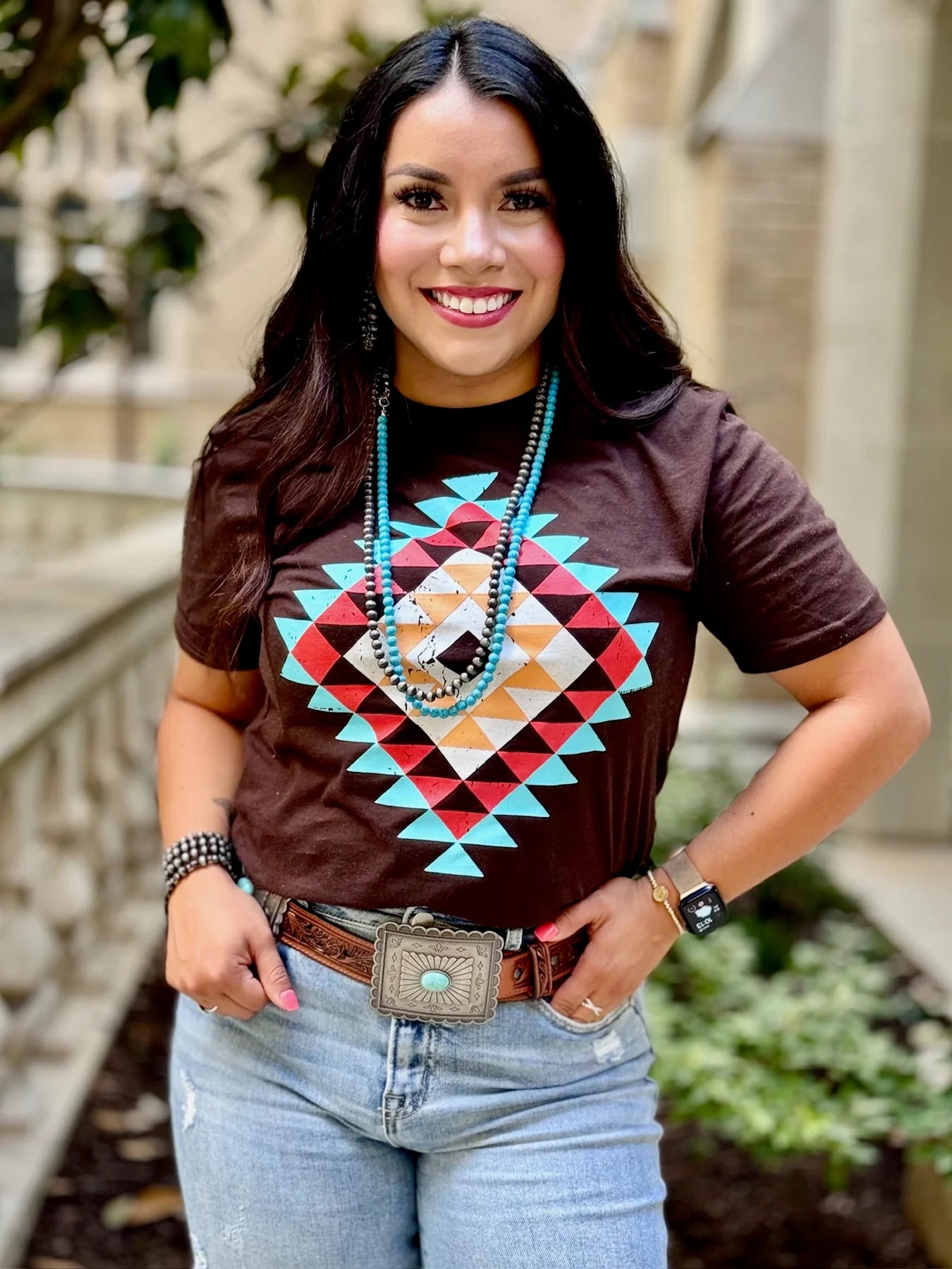 Ryanne's Fall Aztec Tee #80 V-Neck T-Shirt Long Sleeve Cotton