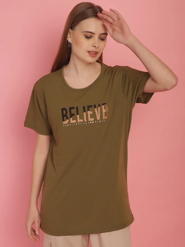 Vimal Jonney Round Neck Cotton Printed Olive T-Shirt for Women Basic T-Shirt Crew Neck Short Sleeve Vimal Jonney Round Neck Cotton Printed Olive T-Shirt for Women Basic T-Shirt Crew Neck Short Sleeve