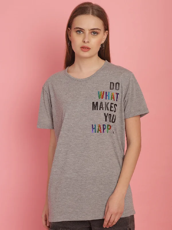 Vimal Jonney Round Neck Cotton Printed Grey Melange T-Shirt for Women Solid Print Embellished Vimal Jonney Round Neck Cotton Printed Grey Melange T-Shirt for Women Solid Print Embellished