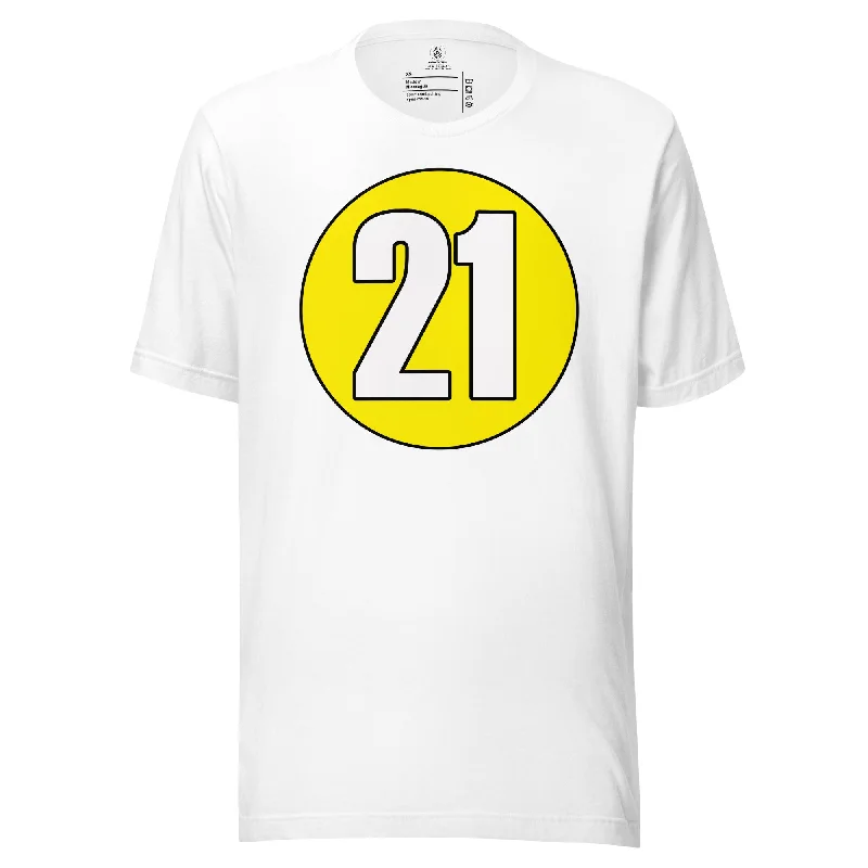 Unisex t-shirt: White on Yellow 21 Embroidered Appliqued Beaded
