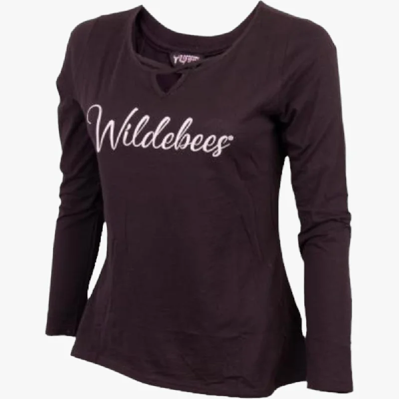 Wildebees Womens Cross Neck Hi Lo Slub Swing Tee Black Silk Blend Satin Velvet
