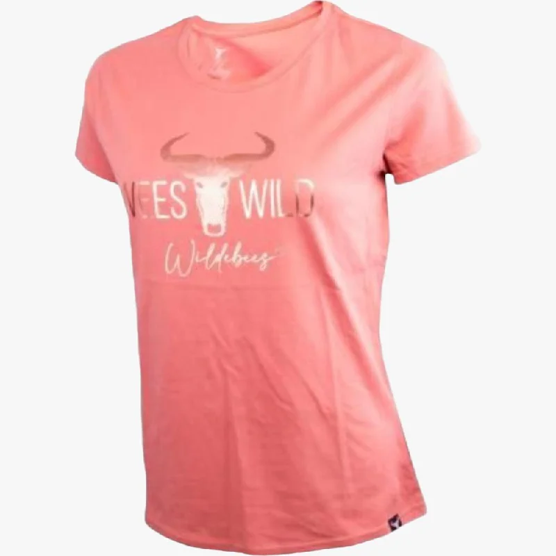 Wildebees Womens Foil Stripe Tee Burnt Coral Asymmetrical Pockets Print