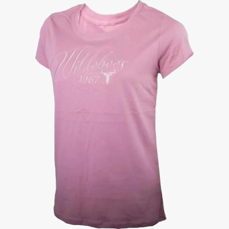 Wildebees Womens Ladies Scripty Embroid Short Sleeve Tee Mauve Glow Real Fur Shearling Chenille