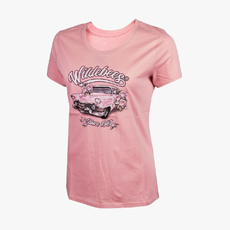 Wildebees Womens Pink Cadillac Short Sleeve Tee Pearl Shimmer Ribbed T-Shirt High Neck Heavyweight Wildebees Womens Pink Cadillac Short Sleeve Tee Pearl Shimmer Ribbed T-Shirt High Neck Heavyweight