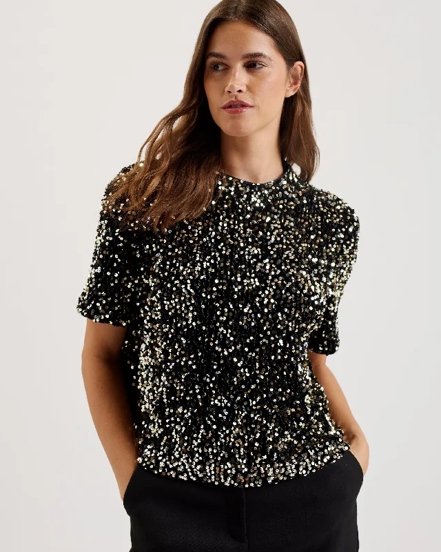 Zarhaaa Velvet Sequin Short Sleeve Tee Black Zippered Front Buttoned Front Snap Front