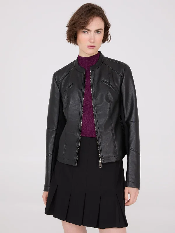 Collarless Faux Leather Jacket Front Pockets Side Pockets Patch Pockets