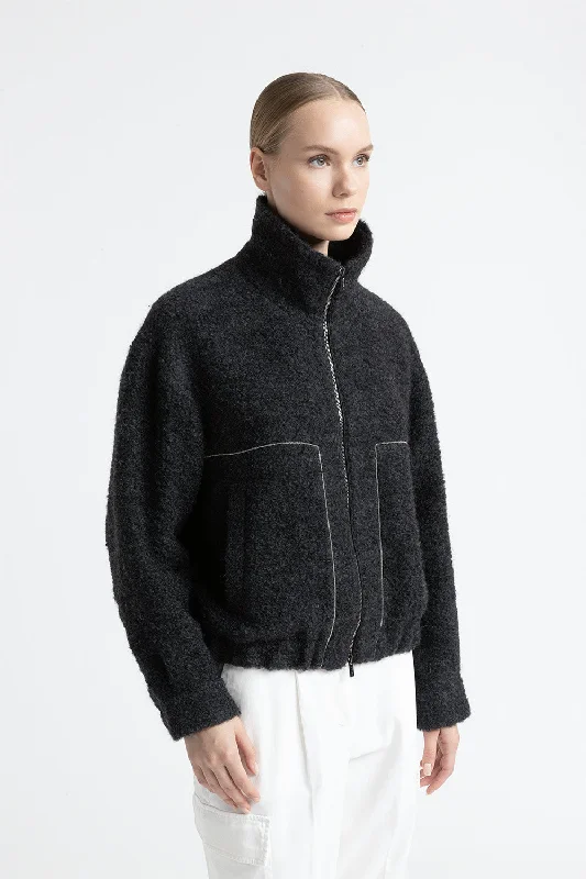 Bouclé wool and alpaca jacket A-Line Jacket Boat Neck Shawl Collar