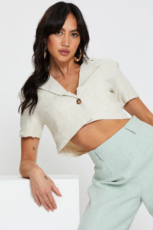 Beige Crop Jacket Short Sleeve Collared V-Neck Jacket Boat Neck Jacket Square Neck Jacket