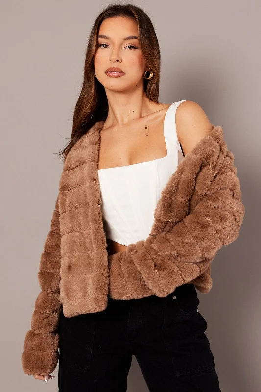 Beige Faux Fur Crop Jacket Rayon Fabric Velvet Fabric Corduroy Fabric