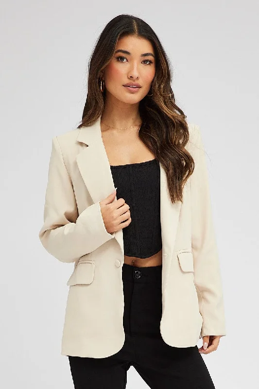 Beige Jacket Long Sleeve Collar Neck Snapped Jacket Toggled Jacket Drawstring Jacket