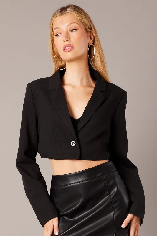 Black Crop Blazer Jacket Welt Pockets Slit Pockets Flap Pockets