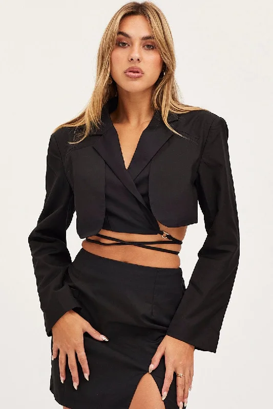 Black Crop Jacket Long Sleeve Satin Fabric Silk Fabric Chiffon Fabric