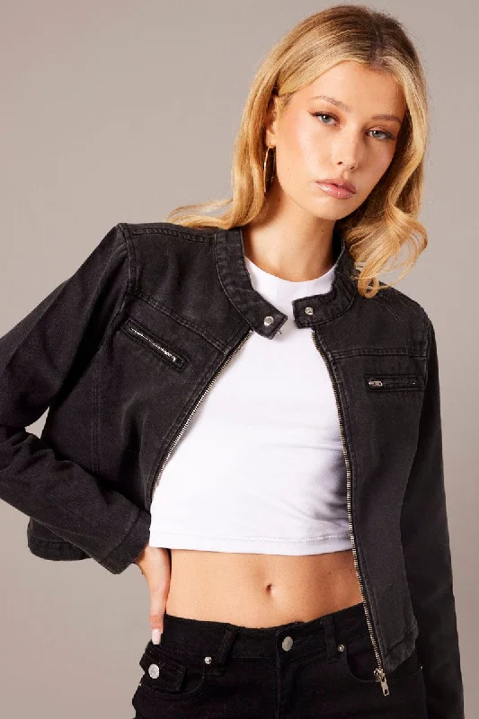 Black Denim Jacket Long Sleeve Fleece Jacket Down Jacket Feather Jacket