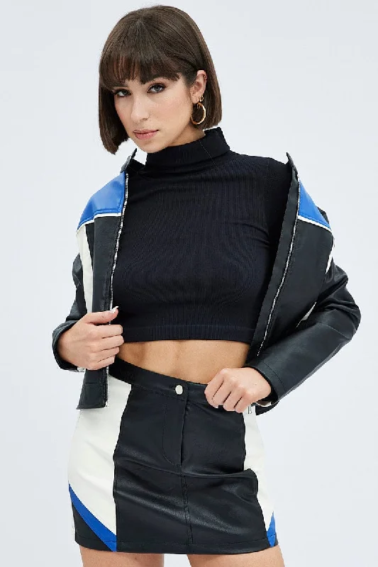 Black Jacket Colour Block Long Sleeve Zip Faux Leather Front Pockets Side Pockets Patch Pockets