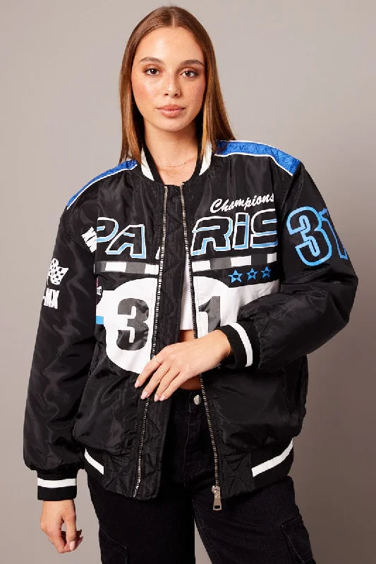 Black Jacket Long Sleeve Zip Thru Champions Print Zippered Front Buttoned Front Snap Front