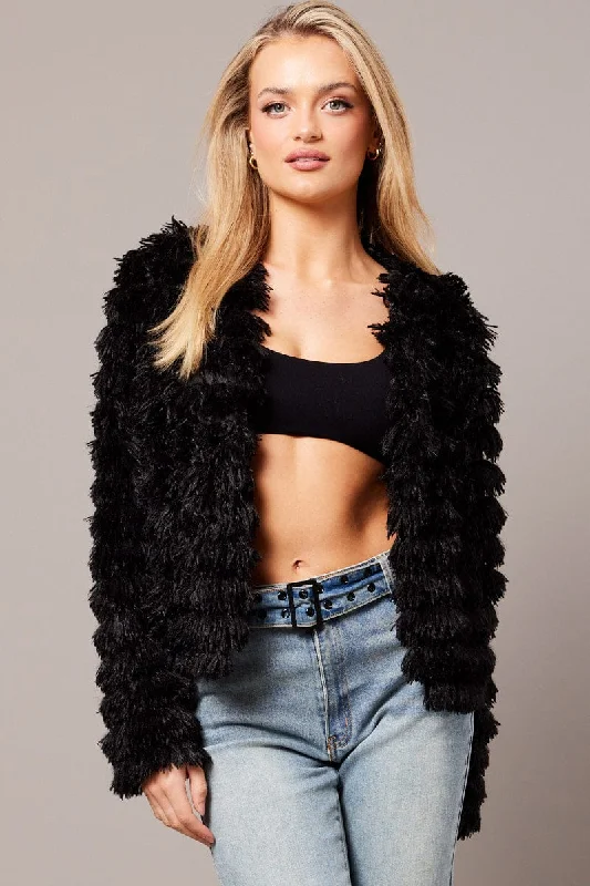 Black Shag Faux Fur Jacket Faux Fur Jacket Real Fur Jacket Shearling Jacket