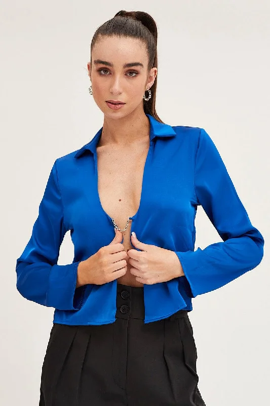 Blue Satin Long Sleeve Collared Chain-Link Front Jacket Notch Collar Jacket Peter Pan Collar Jacket Cowl Neck Jacket