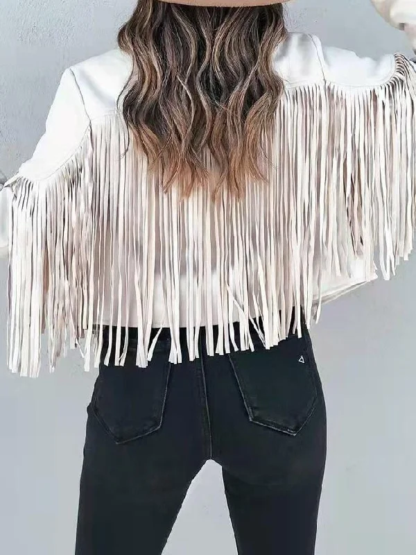 Bohemian Fringe Jacket Welt Pockets Slit Pockets Flap Pockets