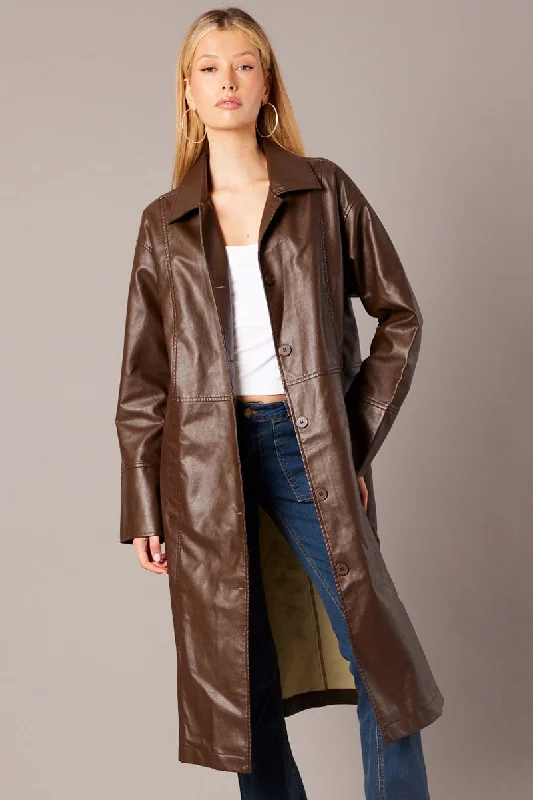 Brown Jacket Longline Collar Long Sleeve Faux Leather Oversized Jacket Tailored Jacket Straight Jacket