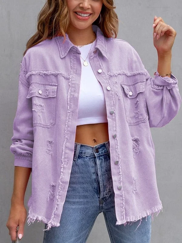 Button-Up Distressed Denim Shirt Jacket Print Jacket Jacquard Jacket Embroidered Jacket