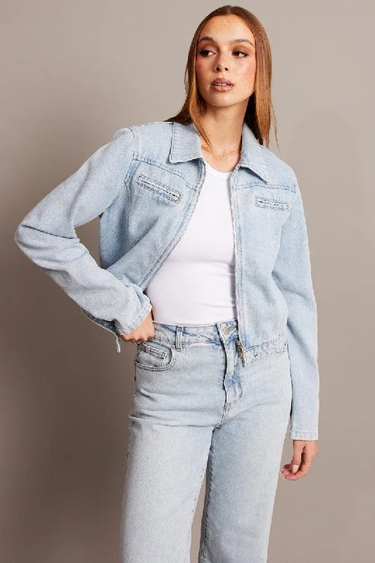 Denim Denim Jacket Long Sleeve A-Line Jacket Boat Neck Shawl Collar