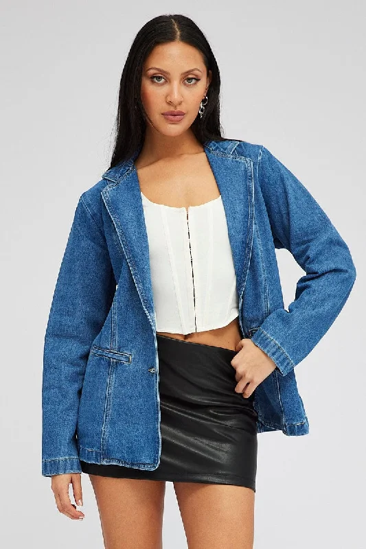 Denim Denim Jacket Long Sleeve Boat Neck Shawl Collar Notched Collar