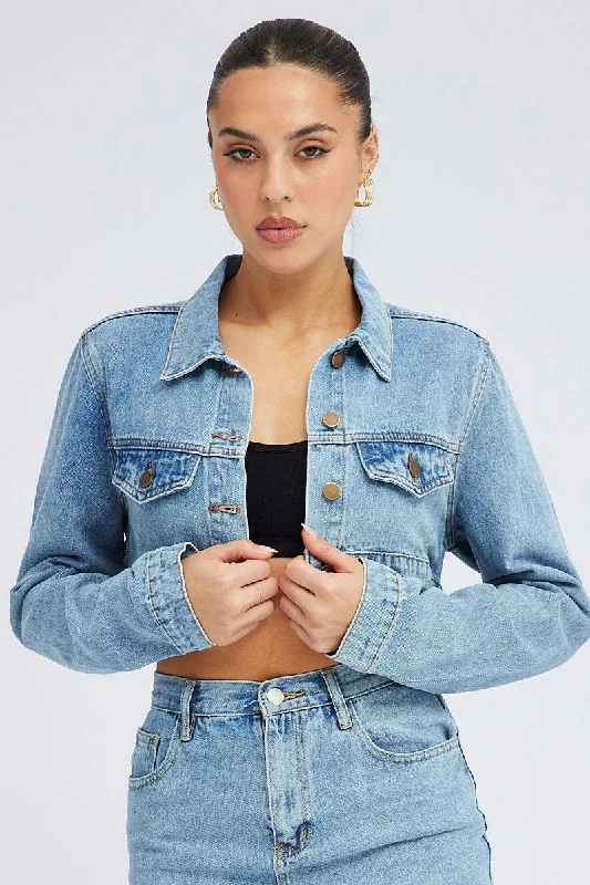 Denim Jacket Long Sleeve Front Pockets Side Pockets Patch Pockets