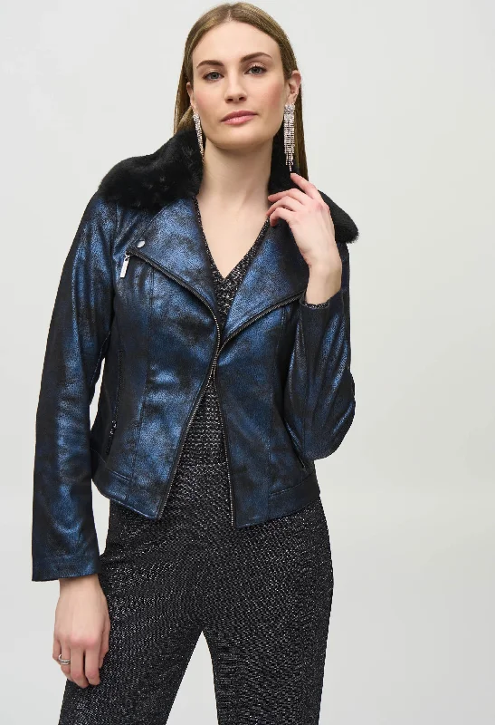 Foiled Suede Jacket With Faux-fur Collar Zippered Front Buttoned Front Snap Front