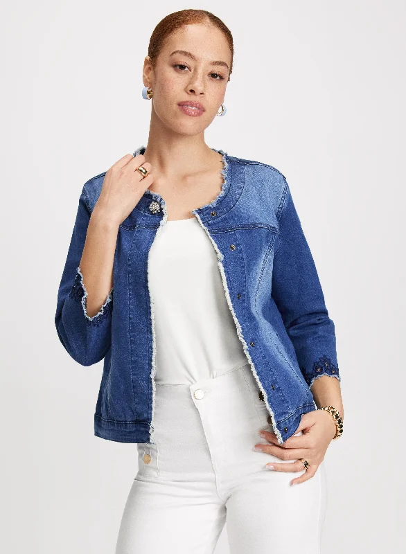 Frayed Detail Denim Jacket Satin Jacket Silk Jacket Chiffon Jacket