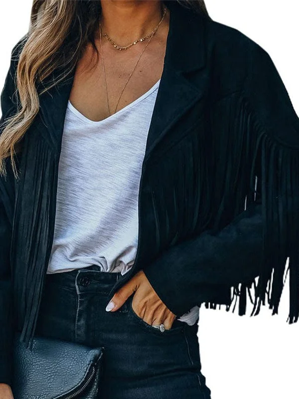 Fringed Blazer Jacket Denim Fabric Leather Fabric Suede Fabric