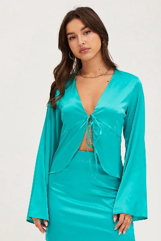 Green Satin Jacket Long Sleeve Tailored Jacket Straight Jacket A-Line Jacket